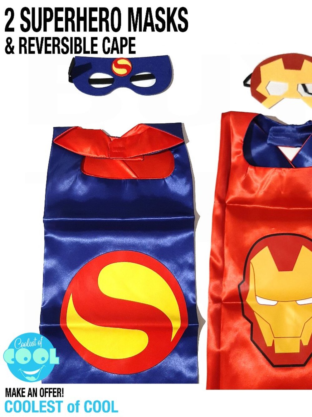 Childs Superhero mask set 1 reversible satin cape 2 Superman & Ironman masks new